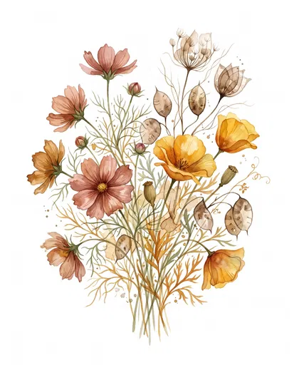 Watercolor Autumn Cosmos and Poppy Bouquet