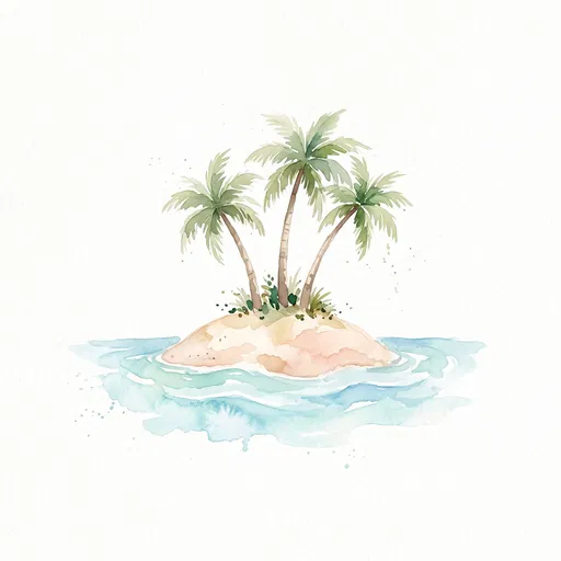 Watercolor Tropical Island With Three Palm Trees
