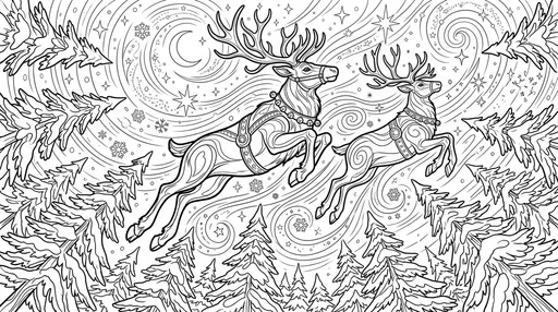 Flying Reindeer Over Pine Trees Coloring Page