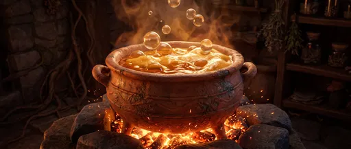 Rustic Terracotta Cauldron Brewing Golden Potion