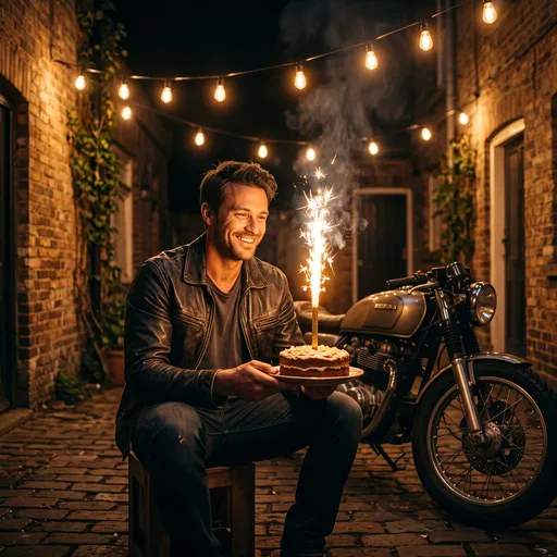 Man With Birthday Cake Near Vintage Motorcycle
