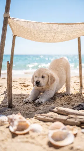Golden Retriever Puppy Stretching on Beach