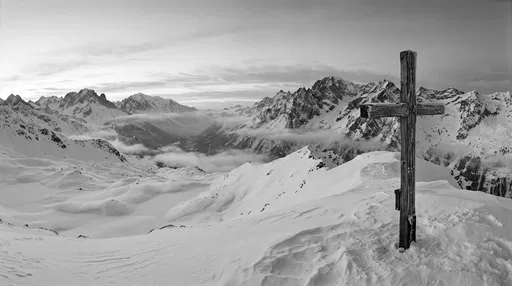 Wooden Cross Overlooking Snowy Alpine Valley
