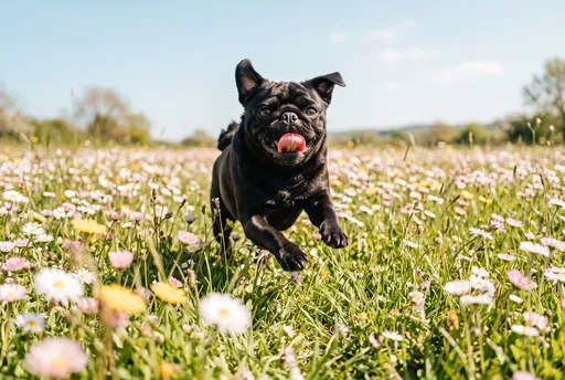 Black Pug Running Through Flower Meadow