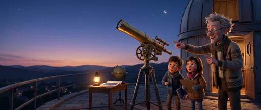 Teacher and Students With Telescope at Dusk