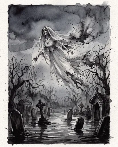 Banshee Floating Over Flooded Graveyard Illustration