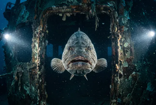 Giant Grouper in Sunken Shipwreck Doorway