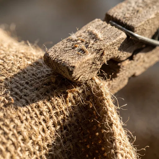 Macro Wooden Clothespin on Coarse Burlap