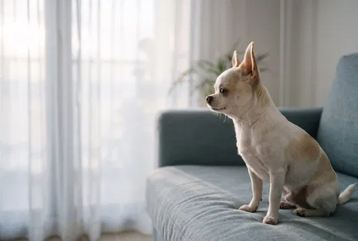 White and Tan Chihuahua on Blue Sofa