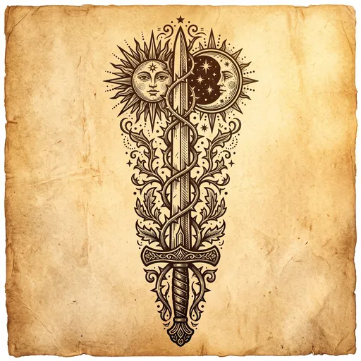 Woodcut Sword Sun and Moon Illustration