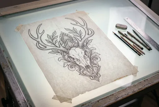 Stag Skull Tattoo Design on Drafting Table