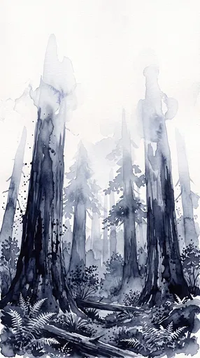 Indigo Watercolor Redwood Forest Illustration