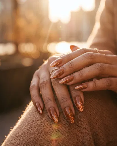 Warm Brown Hands With Glitter Ombre Nails