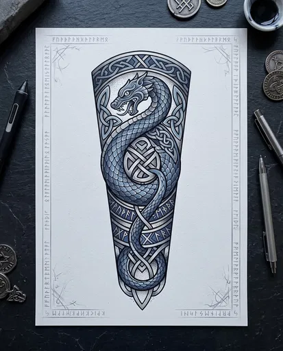 Nordic Serpent Forearm Tattoo Flash Illustration