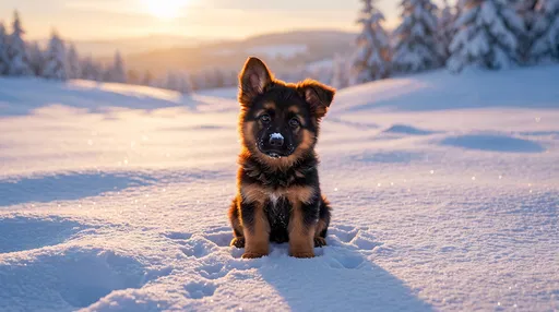 German Shepherd Puppy in Winter Snow