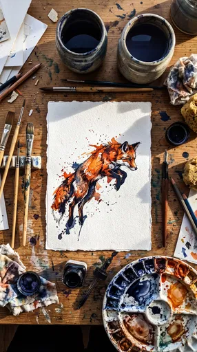 Watercolor Fox Illustration on Artist Desk