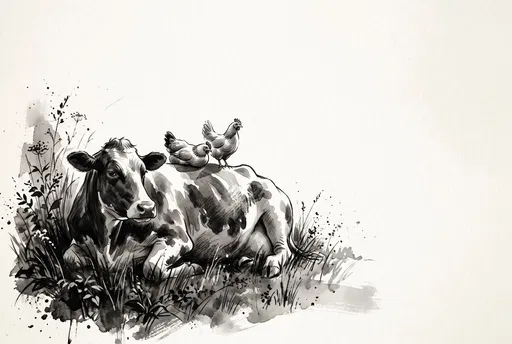 Ink Wash Cow and Hens Illustration