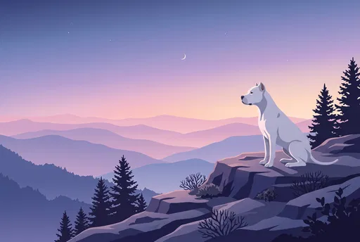 White Dog On Mountain Overlook At Dusk