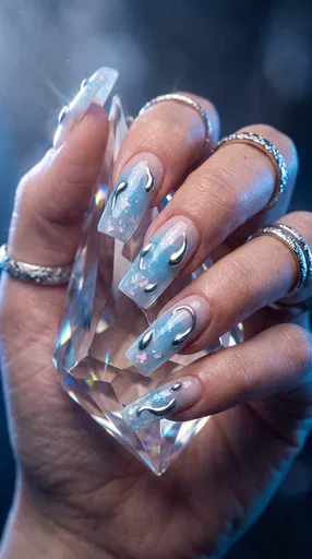 Icy Blue Chrome Nail Art with Crystal