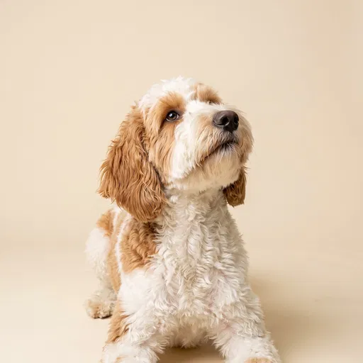 Parti Goldendoodle Looking Up in Studio