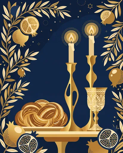 Gold and Blue Shabbat Table Illustration