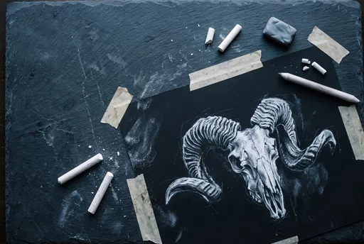 White Chalk Ram Skull Sketch on Slate