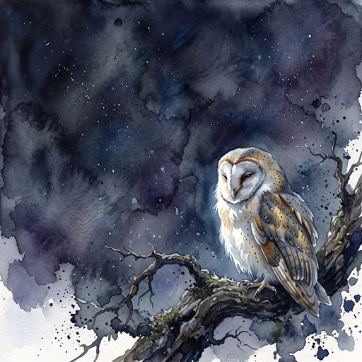 Watercolor Sleepy Barn Owl at Night