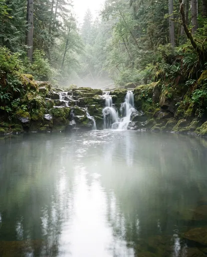 Misty Forest Waterfall and Calm Pool