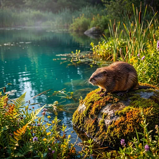 Muskrat on Mossy Rock by Pond