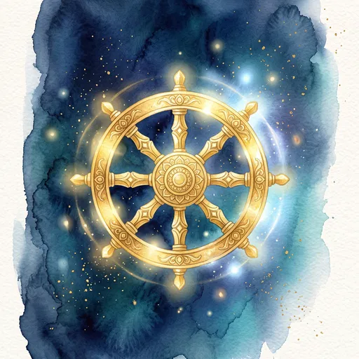 Golden Dharma Wheel Watercolor Illustration