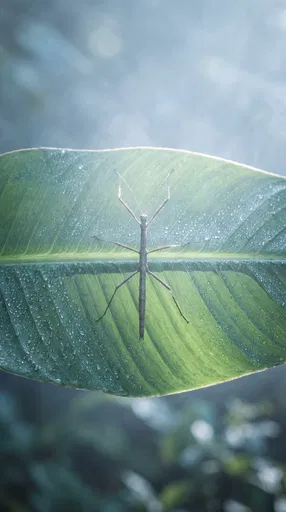 Stick Bug on Dewy Tropical Leaf