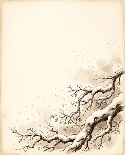 Vintage Sepia Snowy Oak Branches Illustration