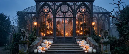 Gothic Conservatory Entrance With Glowing White Pumpkins