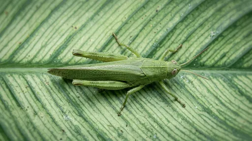 Green Grasshopper Camouflaged on Striped Leaf