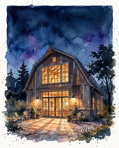 Watercolor Barn Home at Night