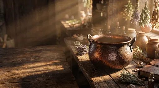 Rustic Copper Cauldron on Wooden Apothecary Workbench