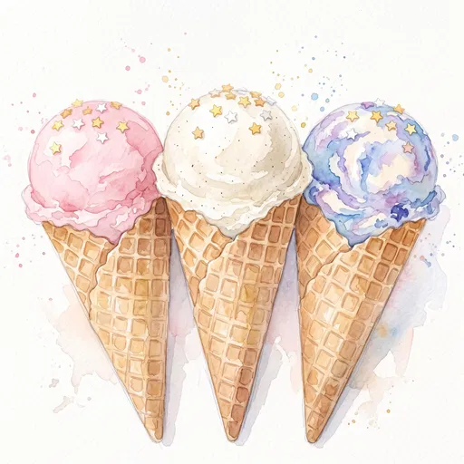 Watercolor Illustration of Three Pastel Ice Cream Cones