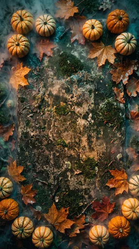 Autumn Gourds and Leaves on Mossy Stone
