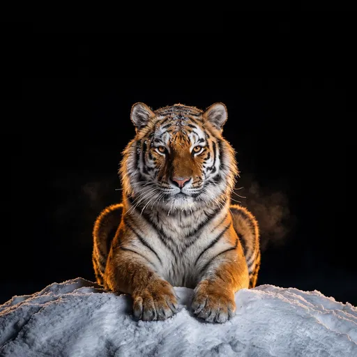 Siberian Tiger on Snow Against Black
