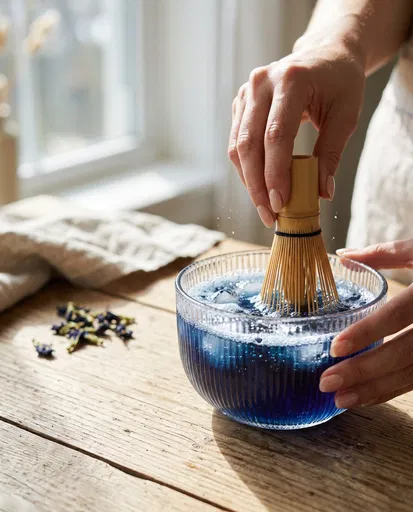 Hands Whisking Blue Butterfly Pea Tea