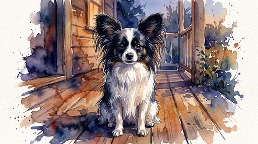 Watercolor Papillon Dog on Wooden Porch