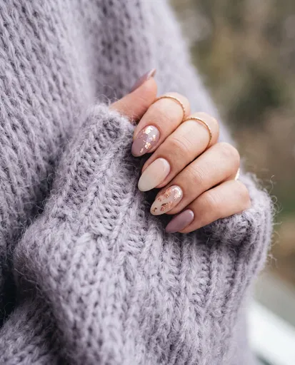 Mauve and Gold Flake Fall Manicure