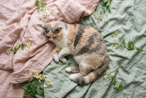 Calico Cat on Pastel Linen Sheets