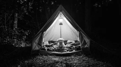 White Puppy Inside Lit Camping Tent