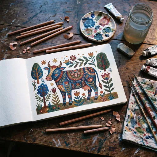 Folk Art Cow Illustration in Sketchbook