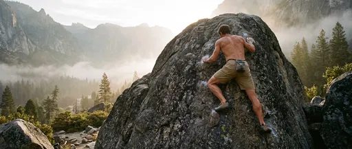 Muscular Climber Bouldering in Misty Mountains