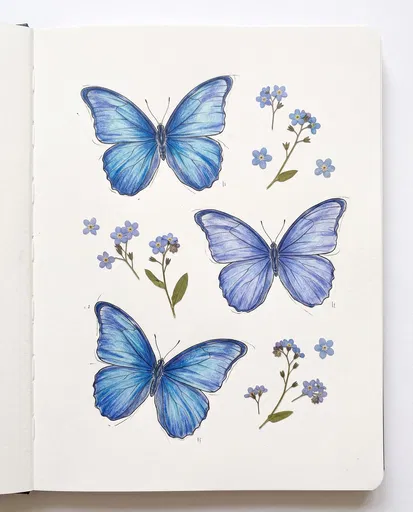 Blue Butterflies and Pressed Flowers Sketchbook