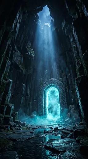 Glowing Cyan Portal in Underground Cavern