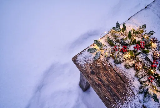 Snowy Table Corner with Holly and Lights