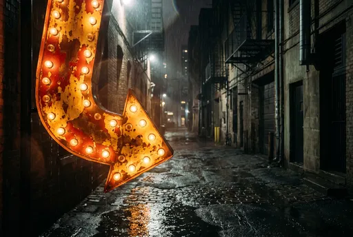 Vintage Marquee Arrow in Rainy Alley